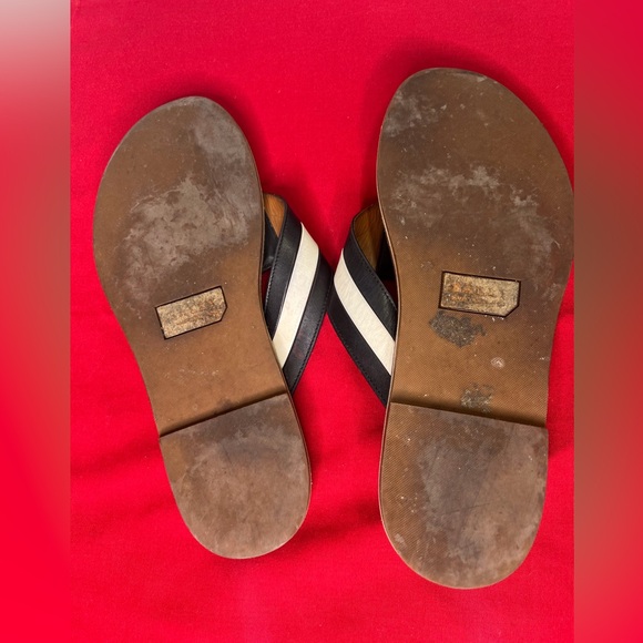 Bally Henke Thong Black and White Leather Stripe Sandals Tan Brown